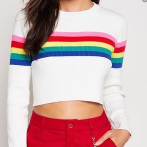 Blue Blush Rainbow Striped Long Sleeve Crop Top
